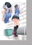  ass commentary_request employee_uniform hat high_heels highres kantai_collection kashima_(kantai_collection) kneehighs lawson miniskirt multiple_views nironiro shelf short_hair silver_hair skirt twintails uniform upskirt 