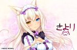  :3 animal_ears artist_name bell blue_eyes bow bowtie breasts cat_ears cleavage coconut_(sayori) copyright_name heterochromia jingle_bell jpeg_artifacts long_hair looking_at_viewer maid_headdress medium_breasts name_tag nekopara official_art platinum_blonde_hair puffy_short_sleeves puffy_sleeves sayori short_sleeves slit_pupils smile solo sparkle waitress yellow_eyes 