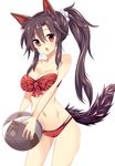  :o animal_ears ball bangs beachball bikini breasts brown_hair cleavage cowboy_shot fang high_ponytail highres imaizumi_kagerou long_hair maturiuta_sorato medium_breasts navel open_mouth red_bikini red_eyes sidelocks simple_background solo standing strapless swimsuit tail touhou white_background wolf_ears wolf_tail 
