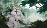  back backless_dress backless_outfit bare_shoulders barefoot branch breasts cleavage dress green_eyes grey_hair long_hair looking_back medium_breasts mizuya multiple_girls nature sitting smile tree wading water white_dress 