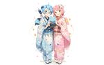  2girls anmi aoi_(houkago_no_pleiades) blue_eyes blue_hair bow glasses houkago_no_pleiades japanese_clothes kimono pink_hair short_hair socks subaru_(houkago_no_pleiades) twintails white yellow_eyes 