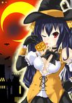  absurdres bare_shoulders black_hair blush breasts cleavage crescent_moon hair_ornament halloween hat heart highres kiss kurozero long_hair looking_at_viewer medium_breasts moon neptune_(series) noire object_kiss one_eye_closed pumpkin red_eyes ribbon solo twintails witch witch_hat 