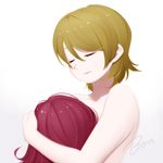  bangs bon_nob brown_hair closed_eyes head_hug hug koizumi_hanayo love_live! love_live!_school_idol_project multiple_girls nishikino_maki nude red_hair signature yuri 