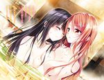  2girls bath black_hair blush breasts hatena☆illusion hoshisato_kana long_hair nipples nude red_eyes red_hair sakurai_emma scan translation_request water yabuki_kentarou yuri 