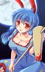  animal_ears blood bloody_weapon blue_dress blue_hair braid breasts bunny_ears cleavage dress full_moon kine large_breasts long_hair looking_at_viewer mallet moon night open_mouth red_eyes seiran_(touhou) sky smile solo touhou weapon yamu_(reverse_noise) 