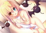  bat between_breasts blonde_hair blue_eyes breasts character_request collarbone covering dutch_angle groin heterochromia highres large_breasts long_hair nude_cover official_art open_mouth orange_eyes ore_to_mamono_no_isekai_restaurant shiny shiny_skin solo syroh towel white_towel 