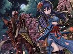  agetake blue_hair cherry_blossoms clouds horns japanese_clothes katana long_hair mask moon night original petals red_eyes samurai sword thighhighs weapon 