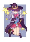  b.c. bad_id bad_pixiv_id boots bow broom closed_mouth gloves hat highres long_hair looking_at_viewer pio_(potion_maker) pointy_ears potion_maker purple_eyes purple_hair ribbon skirt solo white_gloves witch_hat 