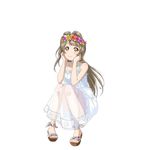  bangs dress elbows_on_knees grey_hair head_rest head_wreath knees_up long_hair looking_at_viewer love_live! love_live!_school_idol_project minami_kotori official_art one_side_up sandals see-through sitting smile solo sundress transparent_background yellow_eyes 