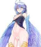  absurdres ahoge ass_visible_through_thighs blue_hair blue_wings bottomless breasts clitoris cowboy_shot feathered_wings feathers harpy highres kawasumi_(tk2k_jade) monster_girl monster_musume_no_iru_nichijou navel nipples one_breast_out open_mouth papi_(monster_musume) pussy simple_background small_breasts solo white_background wings yellow_eyes 