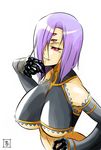  arachne breasts carapace claws detached_sleeves extra_eyes highres huge_breasts insect_girl monster_girl monster_musume_no_iru_nichijou parted_lips purple_eyes purple_hair rachnera_arachnera s-now signature simple_background solo spider_girl underboob upper_body white_background 