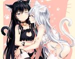  akatsuki_(kancolle) animal_ears bell black_hair blue_eyes blush bra catgirl choker cropped hibiki_(kancolle) kantai_collection long_hair neko_(yanshoujie) panties shoujo_ai tail underwear white_hair wink 