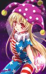  american_flag_dress american_flag_legwear blonde_hair clownpiece fire frilled_shirt_collar frills hat jester_cap long_hair pantyhose polka_dot red_eyes simple_background solo sparkle striped striped_legwear torch touhou very_long_hair yamu_(reverse_noise) 