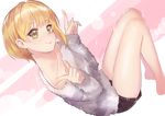 bare_legs barefoot blonde_hair blush collarbone commentary_request from_above green_eyes idolmaster idolmaster_cinderella_girls looking_at_viewer meto31 miyamoto_frederica pointing short_hair sitting smile solo 