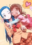  2girls blue_hair blush braid brown_hair closed_eyes cowboy_shot d; dated futari_wa_precure_splash_star hair_ornament hairclip heart highres hug hyuuga_minori isedaichi_ken kiryuu_kaoru long_hair multiple_girls one_eye_closed open_mouth pink_shirt pink_skirt plaid plaid_skirt precure purple_eyes school_uniform shirt skirt smile spoken_heart yellow_background yuunagi_middle_school_uniform 