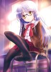 absurdres alternate_costume angel_beats! bespectacled chair feet glasses goto_p highres knee_up leg_up long_hair no_shoes pantyhose school_uniform silver_hair sitting solo tenshi_(angel_beats!) yellow_eyes 