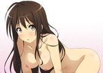  ahoge blush breasts brown_eyes brown_hair collarbone eitarou_(kaminari_neko) highres large_breasts long_hair navel nipples nude original solo 