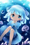  aikei_ake barefoot bloomers blue_eyes blue_hair blush bubble child dress hat jellyfish legs long_sleeves original personification short_hair smile solo tentacle_hair underwater underwear water 