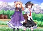  2girls black_hair blonde_hair building dress e.o. grass hat landscape maribel_han purple_eyes red_eyes scenic shirt skirt tie touhou usami_renko 