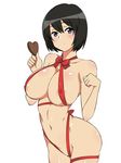  areola_slip areolae black_hair blue_eyes breasts chocolate chocolate_heart cleavage covered_nipples heart highres kagemusha large_breasts looking_at_viewer naked_ribbon original ribbon short_hair simple_background skindentation solo thighs valentine white_background 