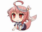  ahoge arm_support chibi commentary_request fins hair_ornament i-58_(kantai_collection) kantai_collection mermaid monster_girl monsterification pink_hair red_eyes school_swimsuit school_uniform serafuku short_hair smile soba_(sobaya1938) solo swimsuit swimsuit_under_clothes 