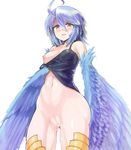  absurdres ahoge ass_visible_through_thighs blue_hair blue_wings bottomless breasts clitoris cowboy_shot feathered_wings feathers harpy highres kawasumi_(tk2k_jade) monster_girl monster_musume_no_iru_nichijou navel nipples one_breast_out open_mouth papi_(monster_musume) pussy pussy_juice simple_background small_breasts solo white_background wings yellow_eyes 