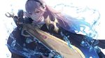  armor cape fire_emblem headband kachi long_hair my_unit_(fire_emblem) pink_hair pointed_ears red_eyes sword water weapon white 