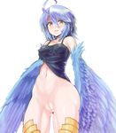  absurdres ahoge ass_visible_through_thighs blue_hair blue_wings bottomless breasts clitoris covered_nipples cowboy_shot feathered_wings feathers harpy highres kawasumi_(tk2k_jade) monster_girl monster_musume_no_iru_nichijou navel open_mouth papi_(monster_musume) pussy simple_background small_breasts solo uncensored white_background wings yellow_eyes 