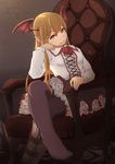  arm_support armchair bangs black_legwear blonde_hair blouse boots chair chin_rest collar collared_shirt crossed_legs fang_out fingernails frilled_shirt_collar frilled_skirt frills granblue_fantasy head_tilt head_wings highres laces long_hair long_sleeves looking_at_viewer petticoat pointy_ears shingeki_no_bahamut shirt single_boot sitting skirt smile solo sonri thighhighs vampy yellow_eyes 