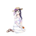  aqua_eyes bracelet braid cross-laced_footwear crown_braid dress earrings flower hair_over_shoulder hat hat_flower hat_ribbon high_heels holding holding_flower jewelry long_hair looking_at_viewer love_live! love_live!_school_idol_project official_art purple_hair ribbon sandals see-through shoulder_cutout single_braid sitting smile solo sun_hat sundress toujou_nozomi transparent_background 