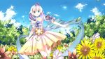  benghuai_xueyuan blue_bow blue_eyes bow cloud collar collarbone day dress eyebrows eyebrows_visible_through_hair field flower flower_field hair_bow hair_ornament hayakan_shinbun highres kiana_kaslana long_hair looking_at_viewer outdoors silver_hair sky smile solo twintails white_hair 