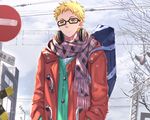  all_male blonde_hair cropped glasses haikyuu!! headphones male scarf swordsouls tree tsukishima_kei winter yellow_eyes 