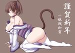  animal_ears ass breasts brown_hair choker cleavage gray japanese_clothes jema kaga_(kancolle) kantai_collection nopan ponytail tail thighhighs translation_request yellow_eyes yukata 