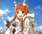  animal_ears cropped fang gloves hoodie horo kawakami_rokkaku orange_hair red_eyes snow spice_and_wolf wolfgirl 