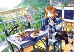  animal animal_ears bird brown_hair building cape drink food noki_(affabile) original scenic tree 