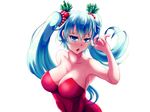  aliasing blue_eyes blue_hair breasts christmas cleavage dress league_of_legends long_hair nakatokung sona_buvelle twintails white 