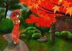  aliasing autumn black_hair grass headdress japanese_clothes kurokami_(kurokaminohito) leaves orange_eyes original scenic tree 