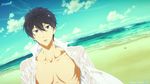  all_male beach black_hair blue_eyes free! logo male nanase_haruka open_shirt see_through tagme_(artist) wet 