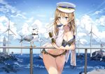  animal anmi bikini bird blonde_hair blue_eyes breasts cleavage clouds hat necklace open_shirt photoshop scan sky sunglasses swimsuit uniform water windmill 