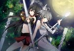  2girls black_hair bow_(weapon) cross gray_hair green_eyes long_hair luo_tianyi moon necklace pointed_ears red_eyes spear vocaloid weapon whiisky yuezheng_ling 
