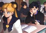  2girls aconitea black_hair blonde_hair blush book kou_seiya sailor_moon seifuku tsukino_usagi 