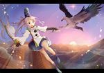  animal bird blue_eyes boots elbow_gloves gray_hair hat long_hair mononobe_no_futo ponytail skirt sunset touhou yetworldview_kaze 