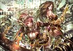  2girls breasts brown_hair cleavage gun kaburagi_yasutaka long_hair original pink_hair red_eyes weapon 