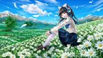  black_hair bow clouds flowers fujita_(sodasuitunes) grass kneehighs landscape long_hair love_plus petals ponytail scenic seifuku skirt sky takane_manaka tree 