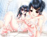  2girls barefoot black_hair blush cropped komori_kiri nude sayonara_zetsubou_sensei shower tagme_(character) taked yuri 
