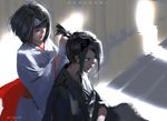  aqua_eyes black_hair japanese_clothes kimono male nora_(noragami) noragami red_eyes short_hair wlop yato_(noragami) 