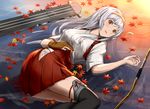  autumn bow_(weapon) brown_eyes gloves gray_hair headband japanese_clothes kantai_collection leaves long_hair shoukaku_(kancolle) skirt thighhighs usami_(ym1989) water weapon 