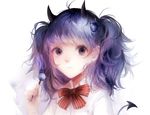  blue_hair bow candy demon gray_eyes horns lollipop original sa&#039;yuki seifuku tail twintails 