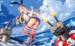  ass blonde_hair brown_eyes cat_smile elbow_gloves headband kantai_collection liang_xing panties rensouhou-chan seifuku shimakaze_(kancolle) skirt thighhighs underwear water 