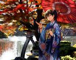  autumn brown_hair building grass japanese_clothes kaga_(kancolle) kantai_collection kimono leaves neko_(yanshoujie) ponytail ribbons tree umbrella water 